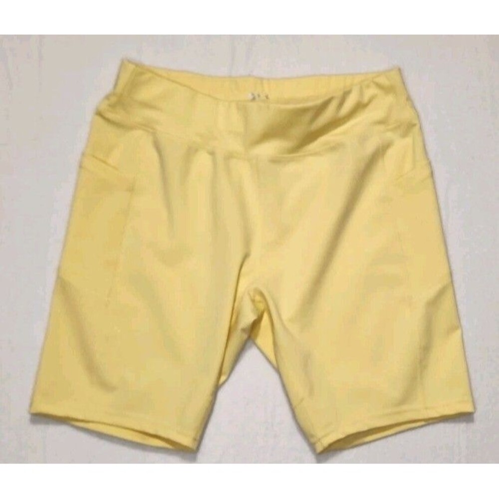 Yellow High Waisted Biker Shorts Side Pockets Women's 1X Gym Athletic Bright